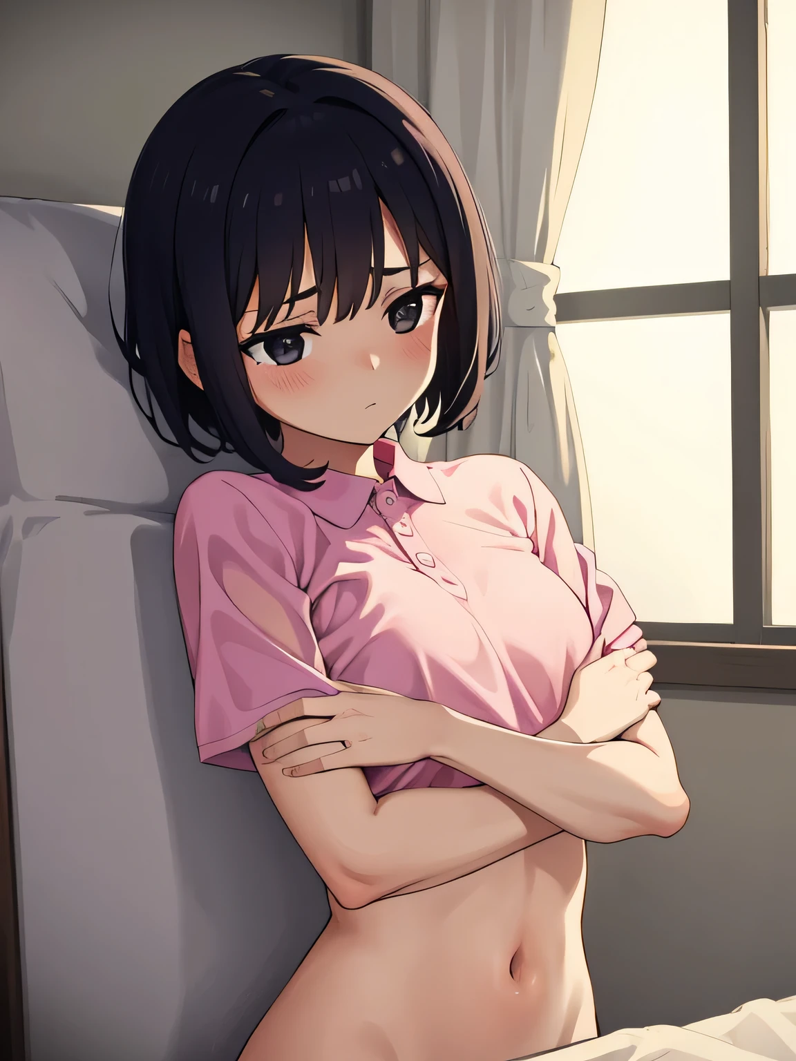 1. Beautiful girl in a pink polo shirt, short hair, Small breasts, Embarrassing, Beautiful fingers, Shyness, worries, Black Hair, No underwear, Bending over Black eyes Hospital Beautiful Cute High quality Short sleeves Sleeping in bed naked without a bra