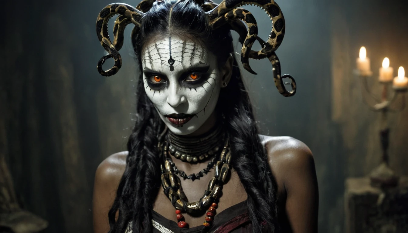 dark nightmare of a 21 years old Voodoo priestess young woman with voodoo makeup and snakes in her hair, aswang, medium-sized humanoid, predatory appearance, shapeshifter, sharp, feral features, claws and fangs, glowing eyes, keen sense of smell, heightened senses, dark ominous presence, sinister malevolent expression, irritant,healthy,outlandish, bewildering, grim, decomposing, dynamic, malevolent, melancholy, flare, fast autofocus, f/22, shutter speed 1/125 sec, iso1600, white balance daylight, exposure compensation    "+3.0 ev", shutter priority shooting mode, leading lines, focus mode continuous, spot metering, by milton caniff, cel shading,