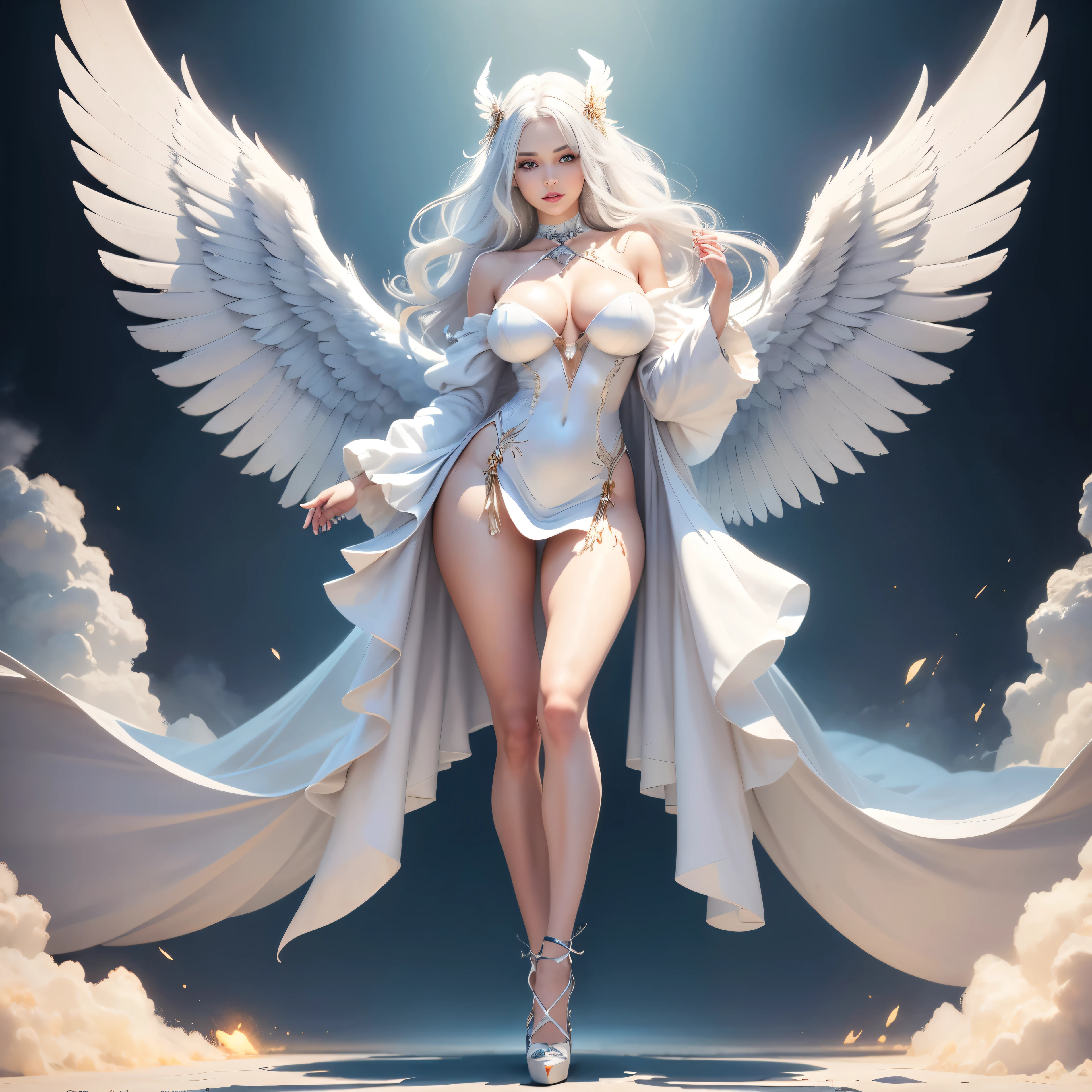 symmetry, portrait, full body shot, 8k, super detail, accurate, best quality, 16k, highres, best quality, award winning, super detail, anatomically correct, masterpiece, retina, UHD, Ombre, Smile, Cleavage, Pure, High heels, Laces, Glitter, No bra, Offshoulder, Highly detailed facial and skin textures, Detailed eyes, (photorealistic:1.4, clear:1.2, perfect body, beauty:1.4, slim abdomen:1.2, big breasts:1.2, fit:1.5, full-body shot:1.4, random hairstyles:1.2), choker, 1 angel girl, shining wings, shining halo, exquisite headdress, beautiful female angel, large wings, white hair, white wings, dress, on clouds, golden eyes, white background, attractive legs, sexy legs, tall legs, beautiful angel, attractive angel, ((full body female angel)), clouds, ((full body photoshoot, full body, far view, full body in view, heels in view)), slim figure