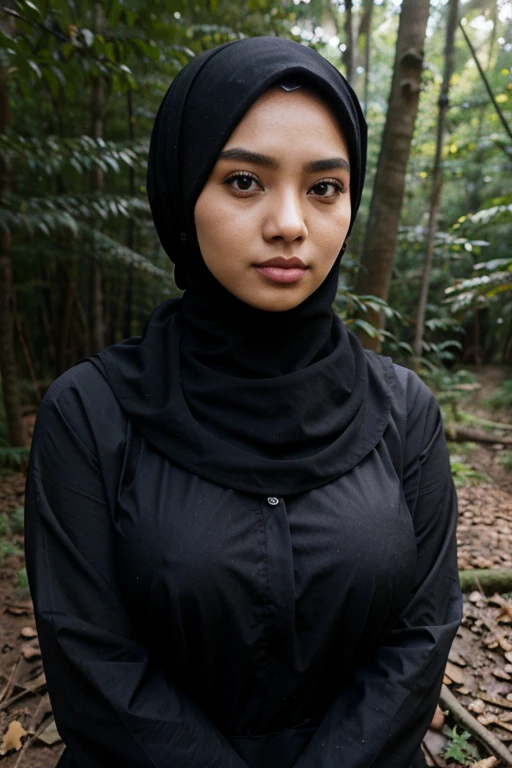 Wear black hijab, Zahra Ayu 21 years old 160cm 55kg, black dress, Big breast. black jeans. Bright face. In the forest. Wearing modest yet snug attire.