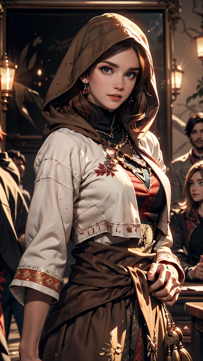 (realistic oil painting, Image up to the waist, 20-year-old princess, Englishman, black eyes, Vibrant appearance, Redhead, short hair), Ezio Auditore Tunic, Hooded, black, Brown, red detail, Decorations, Freckles 10% of the zygomatic bones, Perfect Face, Critical Camera, Blurred Background, Warm Light, Garment Details, Strong leftovers, Mystery Pose