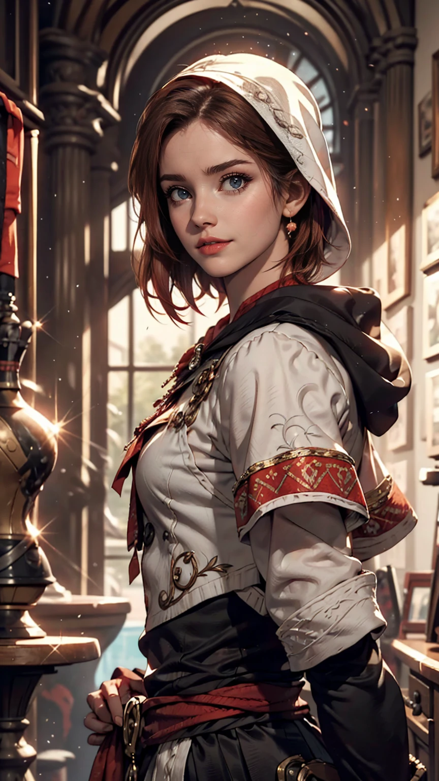 (realistic oil painting, Image up to the waist, 20-year-old princess, Englishman, black eyes, Vibrant appearance, Redhead, short hair), Ezio Auditore Tunic, Hooded, black, Brown, red detail, Decorations, Freckles 10% of the zygomatic bones, Perfect Face, Critical Camera, Blurred Background, Warm Light, Garment Details, Strong leftovers, Mystery Pose