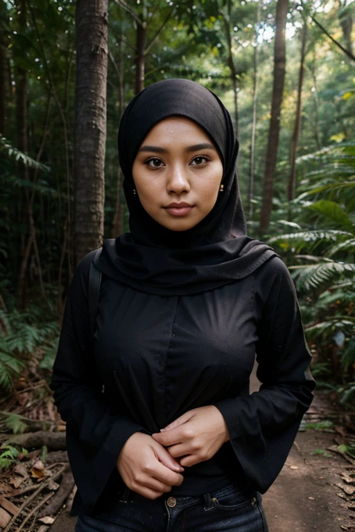 Wear black hijab, Zahra Ayu 21 years old 160cm 55kg, black dress, Big breast. black jeans. Bright face. In the forest. Wearing modest yet snug attire.