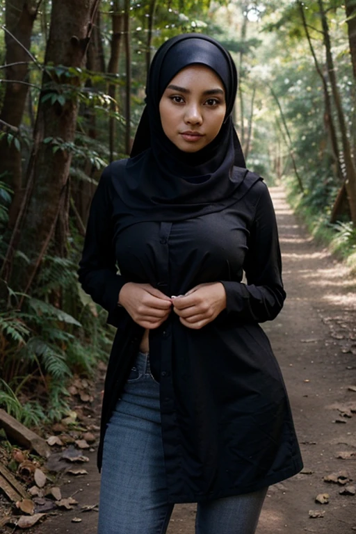 Wear black hijab, Zahra Ayu 21 years old 160cm 55kg, black dress, Big breast. black jeans. Bright face. In the forest. Wearing modest yet snug attire.