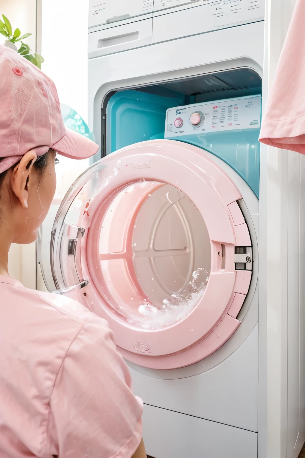 "Put a bottle of liquid soap for cleaning a clothes color pink", "put a washing machine in the background".
Japanese theme.
Attractive and eye-catching for Japan, soap bubbles, bubbles effect in the bottle of soap pink.
Pink Japanese laundry
