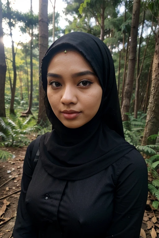 Wear black hijab, Zahra Ayu 21 years old 160cm 55kg, black dress, Big breast. black jeans. Bright face. In the forest. Wearing modest yet snug attire.
