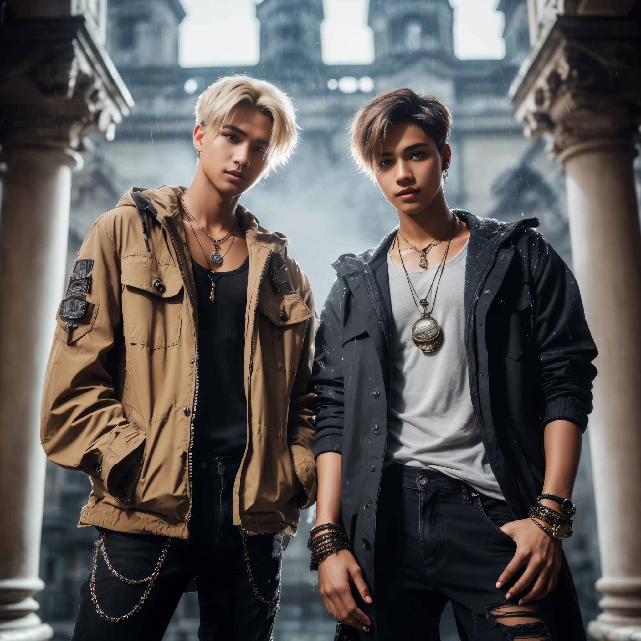 Professional photography, masterpiece, full body, two handsome Indonesian men, confident, charming, thin smiles, trendy short blonde hair, wearing parka jacket cosplayer assassin,with some necklace, they brown skin, long black ripped jeans at the knee, attractive poses, set on top of an old Italian building, dramatic lighting, lens flare, glitter effect, resembling photo Sony 7000D, ultra realistic, high definition with added elements of rain or fog