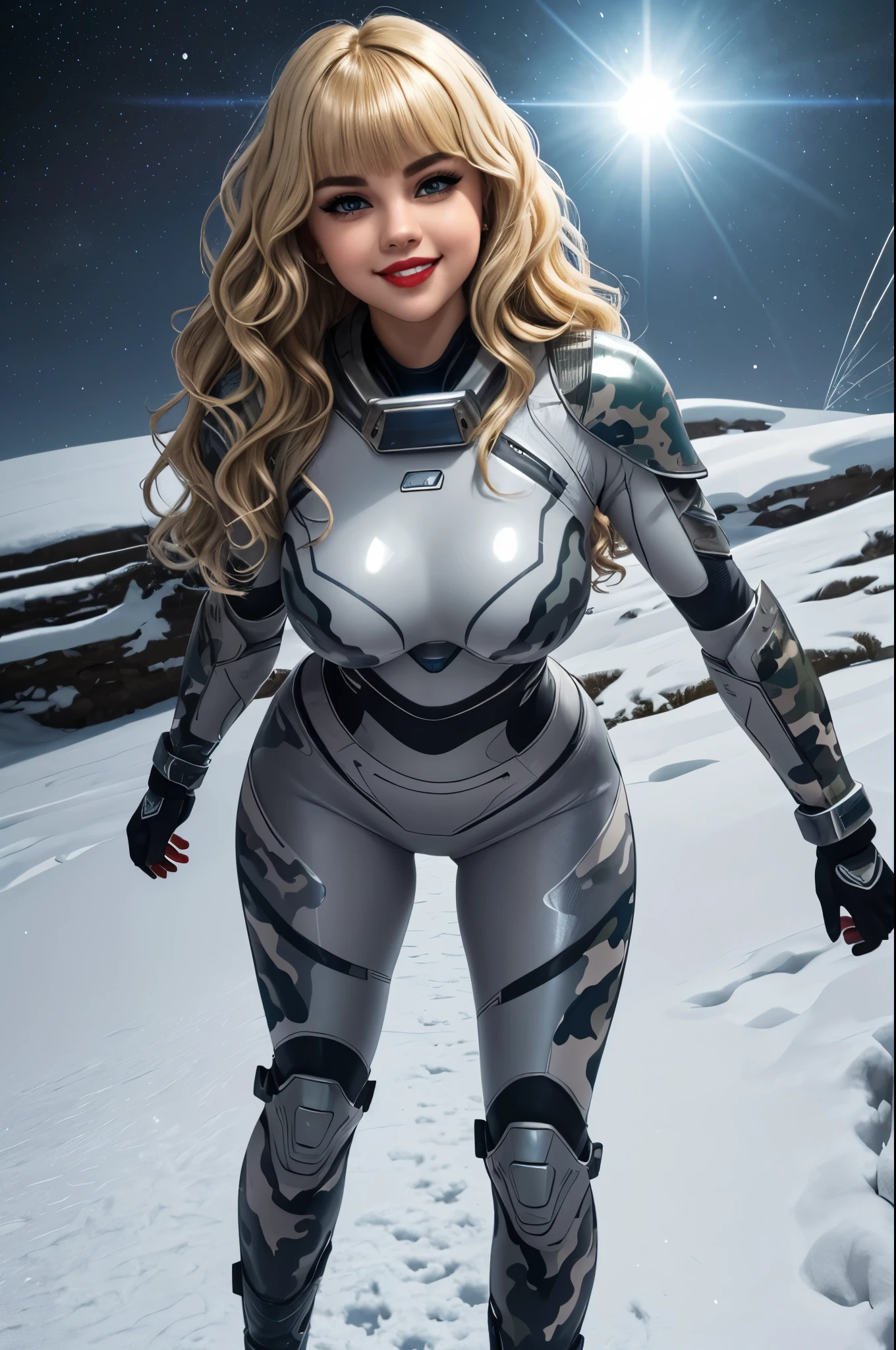 Masterpiece illustration, very detailed face, full body, a 20 year old sexy space babe, beautiful selena gomez (((long wavy blonde hair))) (bangs:1.2), eyeliner, cherry red lipstick, blue eyeshadow, flirty smile, (white, light gray, dark grey, camouflage futuristic armor), refined face detail, hands free, standing facing camera, snow covered field, daytime (huge_breasts:1.1)(curvy:1.2)