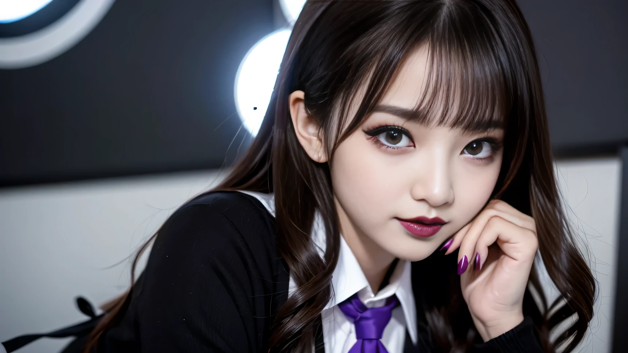 best quality、ultra-detailed、4k、Japanese、Seductive beauty、seductive adult woman、Pretty Woman、cool girl、Villainess、Brainwashed、brainwash、Fallen into evil、smirk、Evil look、Wicked Smile、evil、Brown hair、wavy hair、swept bangs、dark makeup、dark makeup、piercing eyes、hollow eyes,half-closed eyes、Hollow Eyes、purple Eyeshadow、black lipstick、black lipglos、student、uniform、Black cardigan、White Shirt、Black Ribbon、flare skirt、pantyhose、night、inside darkroom、Applying lipstick、Emblem of Evil、Crest of Darkness、Swear allegiance、I have pledged my allegiance、Dye black、Blackening、Stained with evil、Dyed in darkness、Seduce