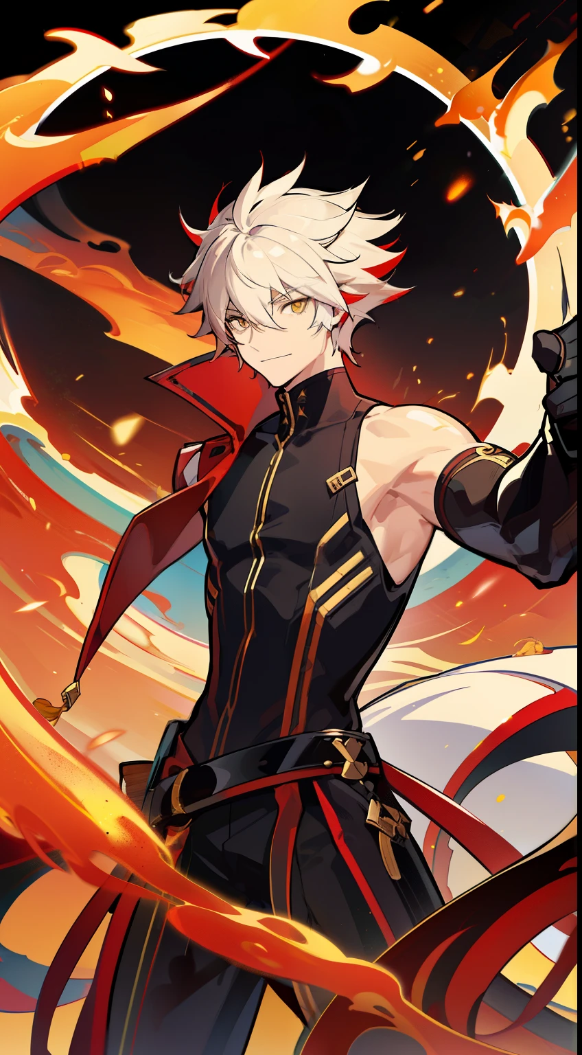 Grown-up guy, short red and white hair, Yellow eyes, musculature, smirk, Sleeveless black bodysuit, fire, Sleeveless, fire Elements, Masterpiece, hiquality, higly detailed, HD, 4k,Half sleeve coat,black shirt, Raise your hair, sunbathing