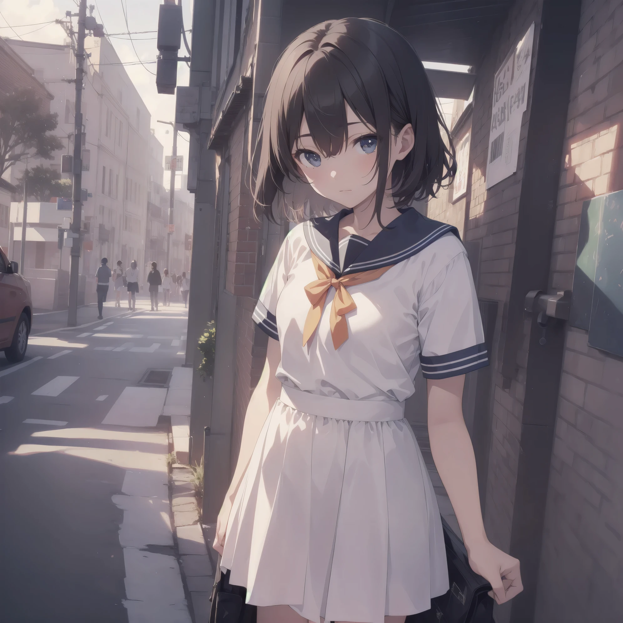 ultra-absurdres-Top quality by artist God, ultra-detailed, high resolution, anime moe artstyle, best anime 8k konachan wallpaper, pixiv contest winner, pool:2810, perfect anatomy,break, 1girl, (Please draw a girl walking sleepily to school alone. )break,(Solo,little female, 13-year-old:1.3),Full limbs, complete fingers,a junior high school student, (very short hair), short cut, flat chest, , small butt, small black eyes, beautiful detailed eyes, well-proportioned iris and pupils, expressive eyes, highres detailed hair, soft expression, salor school_uniform, sailor collar, serahuku, bow, pleated skirt,(Detailed Lighting), (Detailed background), in the School commute route. break,super detailed skin, Best cinematic lighting powered by famous artist, 8k,beauty illustration,photoshop_(medium),very aesthetic,break,((artist:carnelian )), artist:akinashi yuu ,artist:oyari ashito ,artist:kantoku ,