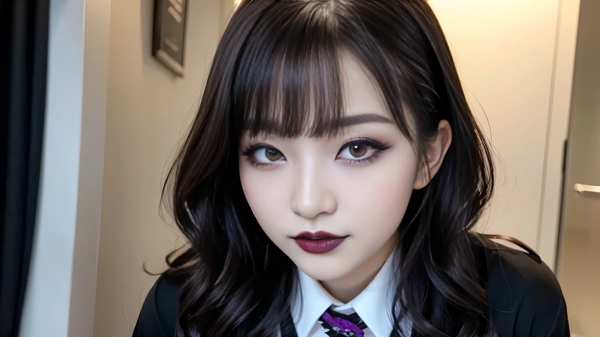 best quality、ultra-detailed、4k、Japanese、Seductive beauty、seductive adult woman、Pretty Woman、cool girl、Villainess、Brainwashed、brainwash、Fallen into evil、smirk、Evil look、Wicked Smile、evil、Brown hair、wavy hair、swept bangs、dark makeup、dark makeup、piercing eyes、hollow eyes,half-closed eyes、Hollow Eyes、purple Eyeshadow、black lipstick、black lipglos、student、uniform、Black cardigan、White Shirt、Black Ribbon、flare skirt、pantyhose、night、inside darkroom、Applying lipstick、Emblem of Evil、Crest of Darkness、Swear allegiance、I have pledged my allegiance、Dye black、Blackening、Stained with evil、Dyed in darkness、Seduce