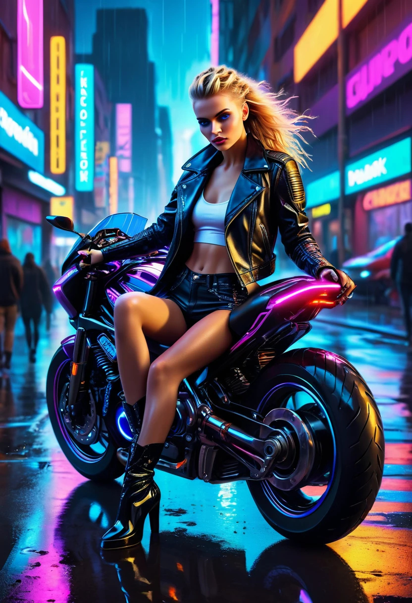 Street, sexy cyborg girl sitting on motorcycle, french braid, blonde hair, leather jacket, high-heeled boots, neon lights, cityscape, futuristic atmosphere, urban vibes, rain-soaked pavement, glowing visor, powerful engine, sleek design, reflection in puddles, confident expression, sleek curves, dramatic shadows, dynamic pose, chrome accents, adrenaline rush, night scene, cyberpunk aesthetic, bold makeup, intense gaze, windblown hair, urban graffiti, bustling crowd, speed and motion, glamorous and edgy, neon color palette, vibrant energy, high-tech enhancements, futuristic technology. (best quality, 4k, highres), ultra-detailed, photorealistic, professional, vibrant colors, HDR, studio lighting.