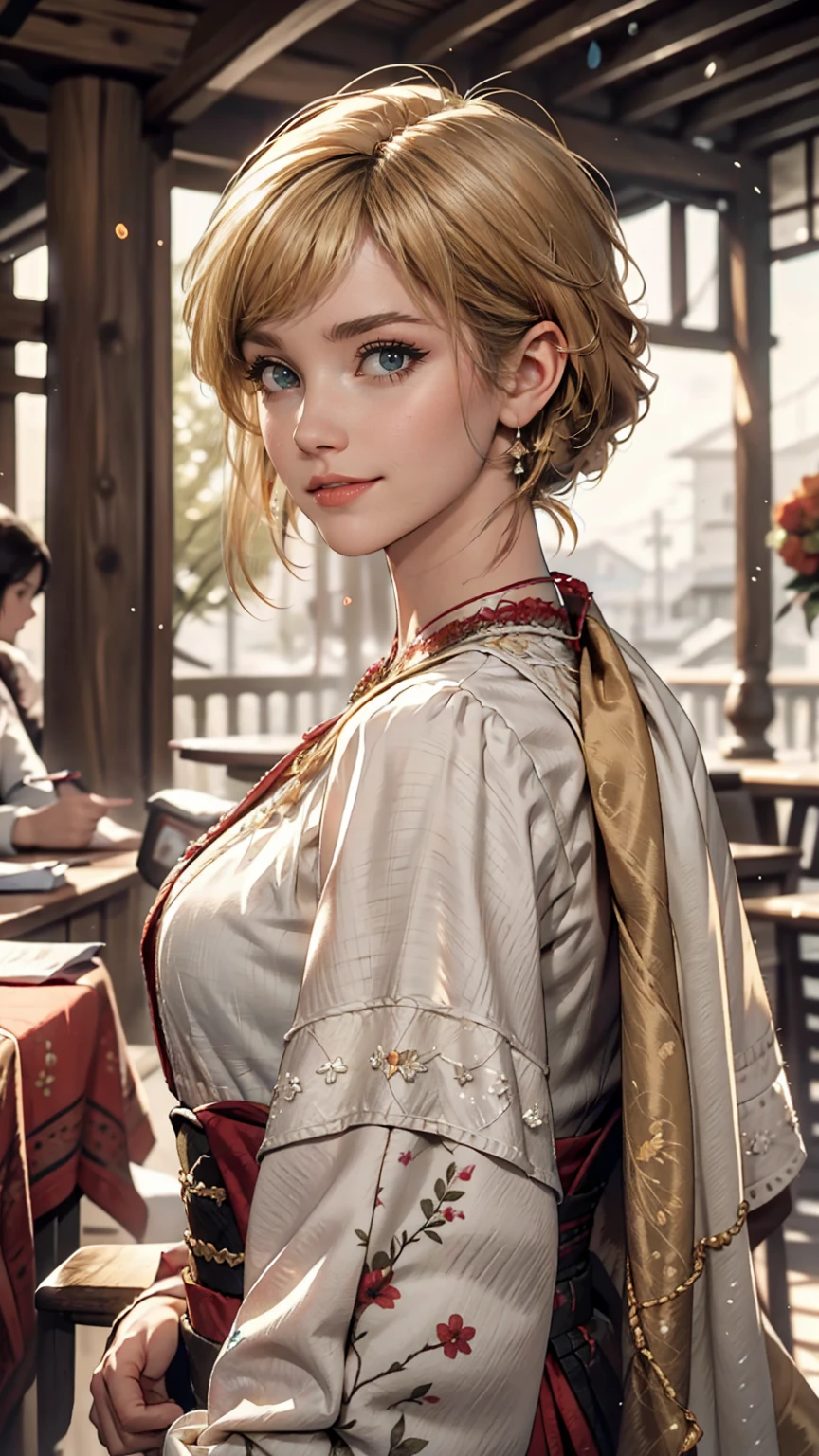 woman, Americana, 25 years, Pale skin and freckles, Grey Eyes, Delicate nose, Soft and delicate lips, Far away, cabelo blondie Far away e ondulado na altura da cintura, Cute smile, 繊細なwoman的な顔立ち, Highly rendered