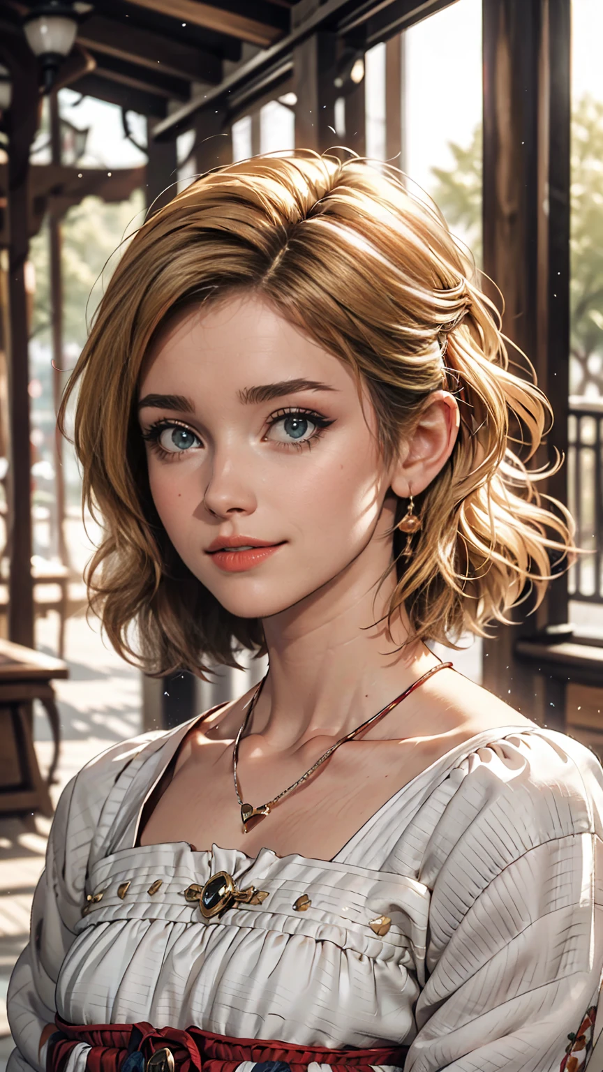 woman, Americana, 25 years, Pale skin and freckles, Grey Eyes, Delicate nose, Soft and delicate lips, Far away, cabelo blondie Far away e ondulado na altura da cintura, Cute smile, 繊細なwoman的な顔立ち, Highly rendered