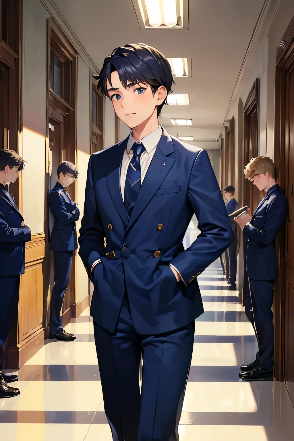 ((best quality)), ((masterpiece)), ((detailed)), (((perfect faces))), (((18yo teen boys in navy blue suits))), (((nervous))), (((big, wide eyes))), (((interior school corridor)))