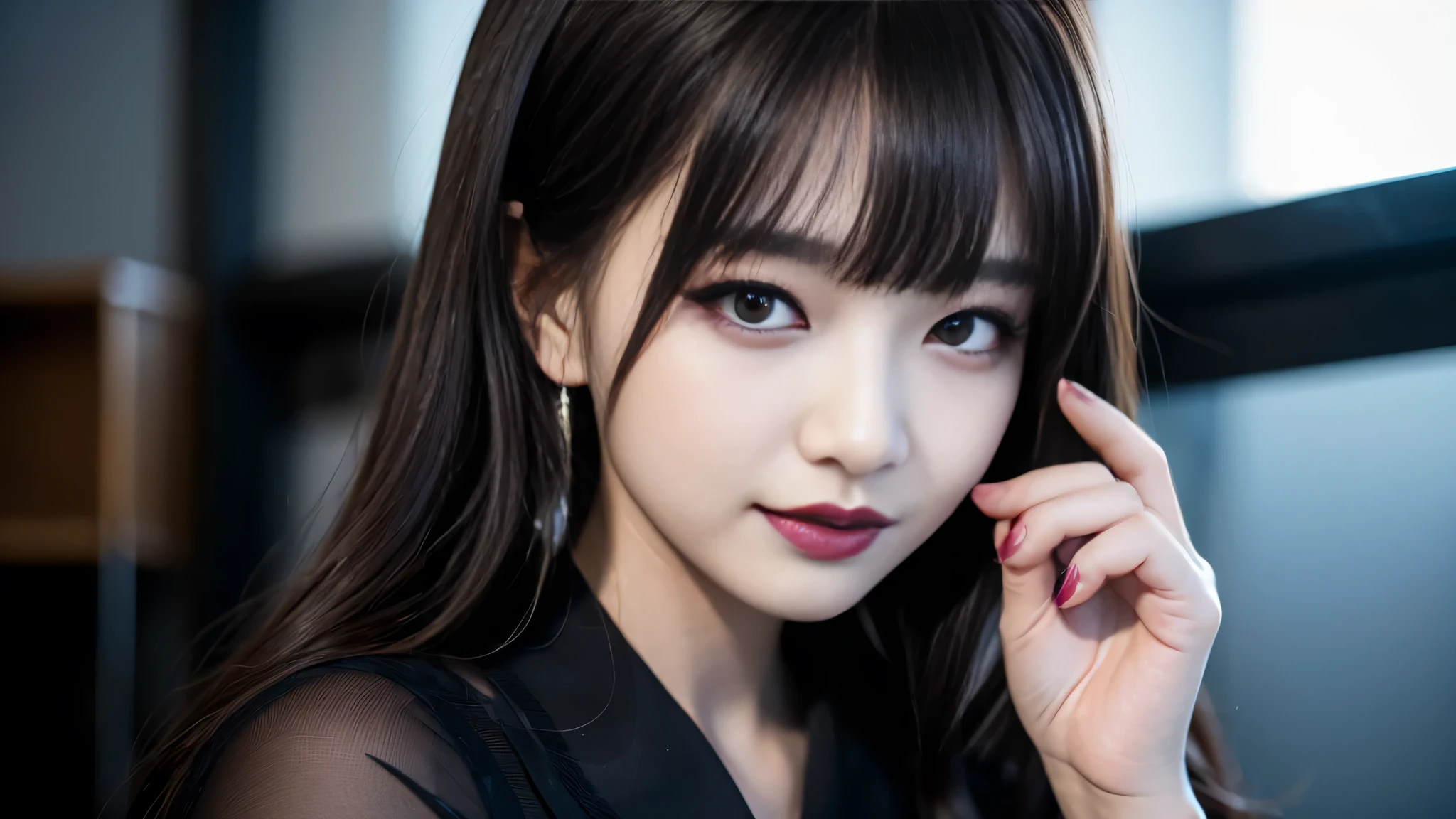best quality、ultra-detailed、4k、Japanese、Seductive beauty、seductive adult woman、Pretty Woman、cool girl、Villainess、Brainwashed、brainwash、Fallen into evil、smirk、Evil look、Wicked Smile、evil、Brown hair、wavy hair、swept bangs、dark makeup、dark makeup、piercing eyes、hollow eyes,half-closed eyes、Hollow Eyes、purple Eyeshadow、black lipstick、black lipglos、student、uniform、Black cardigan、White Shirt、Black Ribbon、flare skirt、pantyhose、night、inside darkroom、Applying lipstick、Emblem of Evil、Crest of Darkness、Swear allegiance、I have pledged my allegiance、Dye black、Blackening、Stained with evil、Dyed in darkness、Seduce