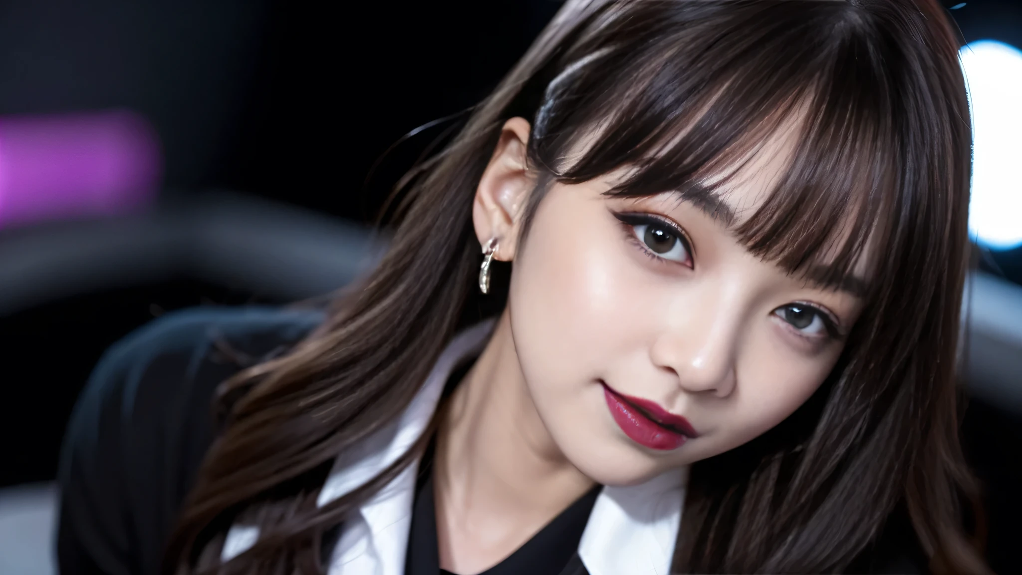 best quality、ultra-detailed、4k、Japanese、Seductive beauty、seductive adult woman、Pretty Woman、cool girl、Villainess、Brainwashed、brainwash、Fallen into evil、smirk、Evil look、Wicked Smile、evil、Brown hair、wavy hair、swept bangs、dark makeup、dark makeup、piercing eyes、hollow eyes,half-closed eyes、Hollow Eyes、purple Eyeshadow、black lipstick、black lipglos、student、uniform、Black cardigan、White Shirt、Black Ribbon、flare skirt、pantyhose、night、inside darkroom、Applying lipstick、Emblem of Evil、Crest of Darkness、Swear allegiance、I have pledged my allegiance、Dye black、Blackening、Stained with evil、Dyed in darkness、Seduce