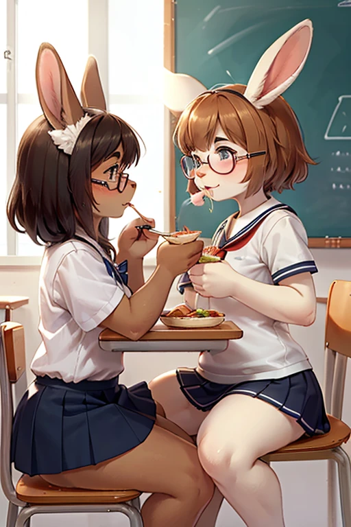 side view , focus face , hairy bunny Short stature girl , (realistic hairy bunny fur:1.2) , round face , (tilt face:1.2) , geek , (half-open eyes) , Swollen cheeks , glossy lips , eyewear , in the school , neat school sailor , skirt upper lowleg shorts , eating lunch with other animal friends , sit on chair , Feed each other