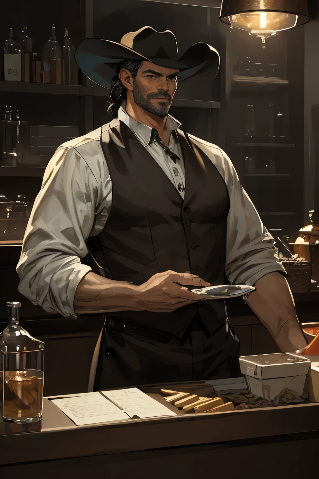 (masterpiece, best quality, ultra-detailed:1.2), highly detailed, lifelike, photorealistic, digital painting, artstation, illustration, concept art, smooth, sharp focus, cowboy, tall man, buffed man, barmen, black hair, behind the counter, smirking, whiskers, fantasy style, cowboy hat