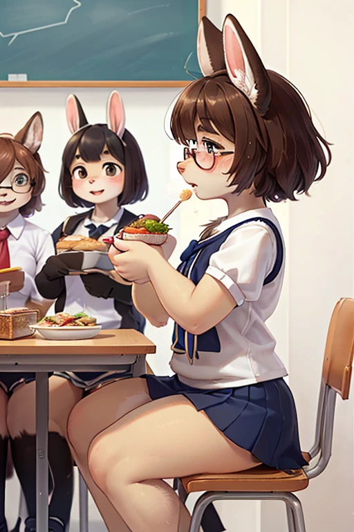 side view , focus face , hairy bunny Short stature girl , (realistic hairy bunny fur:1.2) , round face , (tilt face:1.2) , geek , (half-open eyes) , Swollen cheeks , glossy lips , eyewear , in the school , neat school sailor , skirt upper lowleg shorts , eating lunch with other animal friends , sit on chair , Feed each other