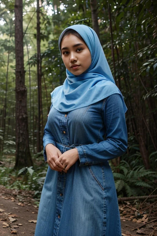 Wear blue hijab, Zahra Ayu 21 years old 160cm 55kg, blue dress, Big breast. Blue jeans. Bright face. In the forest. Wearing modest yet snug attire.