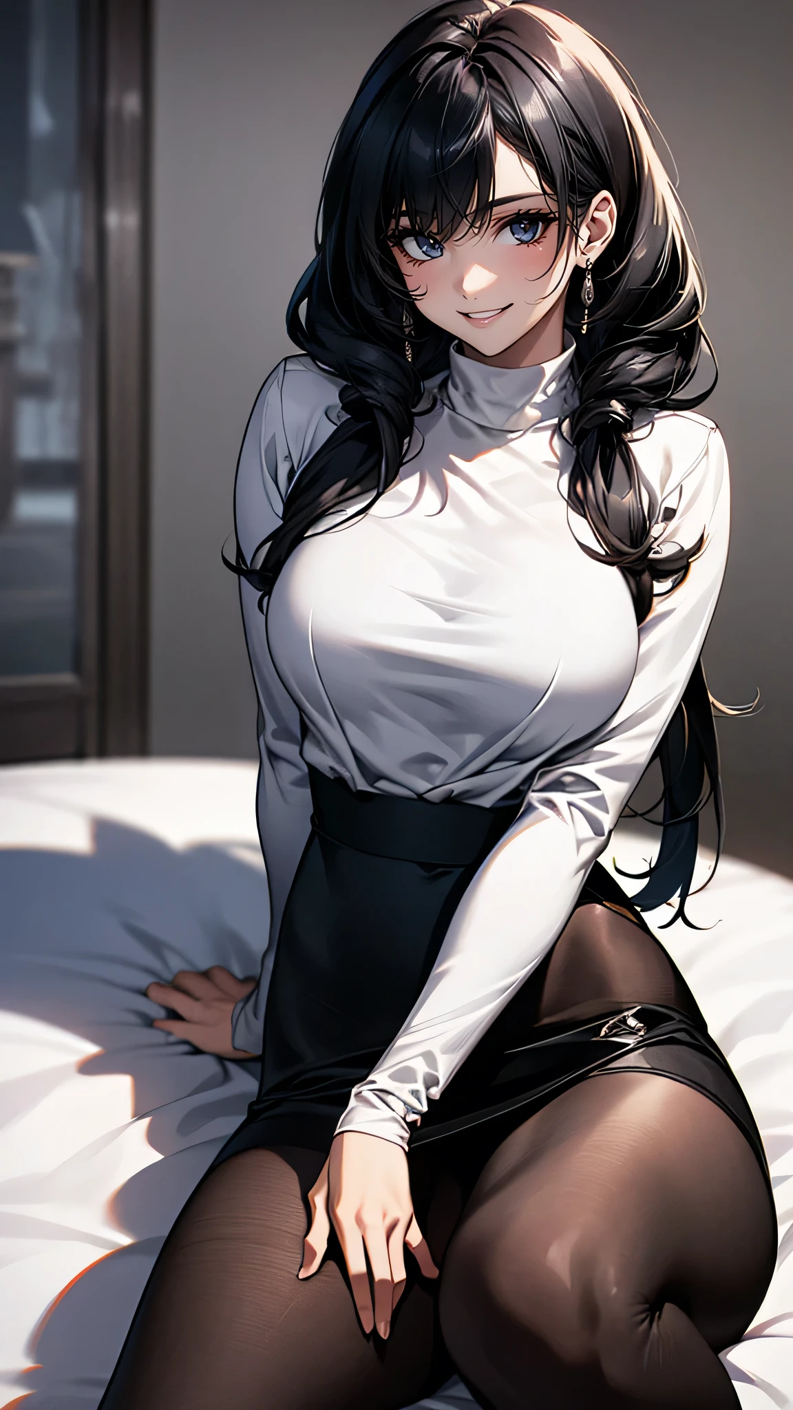 virgin destroyer sweater,black pantyhose,reclining,spread legs,high school girl,(Thin type),(large breasts),(random hairstyle),(Highest image quality, (8K), Ultra-realistic, Best Quality, High quality, High Definition, high quality texture, high detailing, Beautiful detailed, fine detailed, extremely details CG, Detailed texture, realistic representation of face, masterpiece, presence)