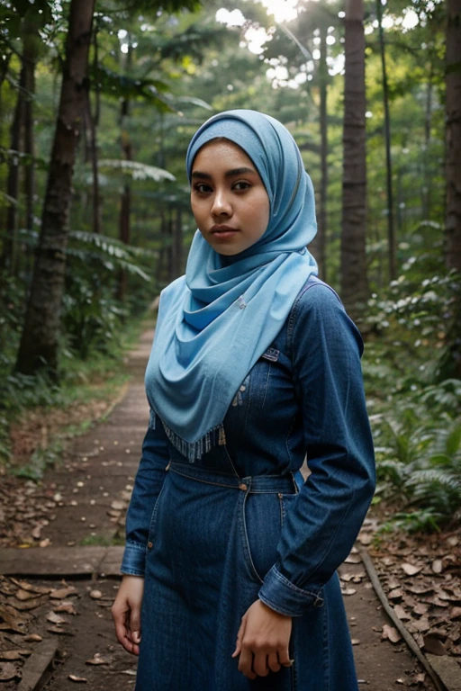 Wear blue hijab, Zahra Ayu 21 years old 160cm 55kg, blue dress, Big breast. Blue jeans. Bright face. In the forest. Wearing modest yet snug attire.