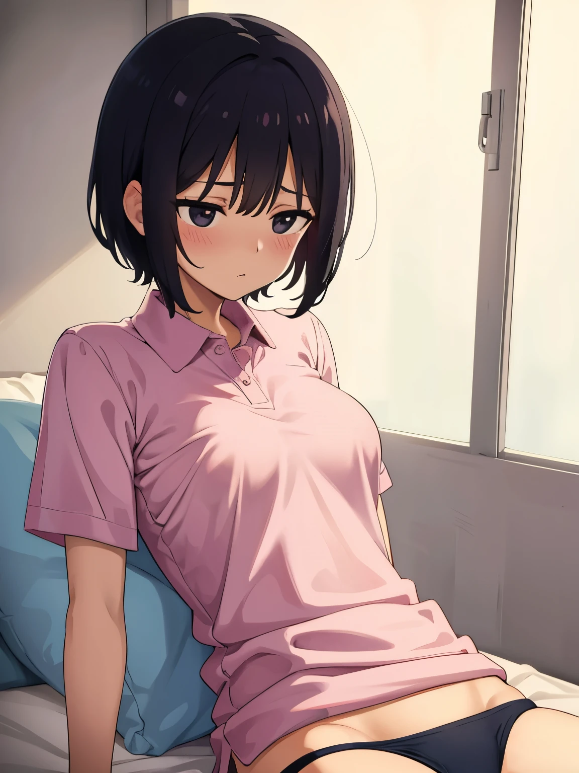 1. Beautiful girl in a pink polo shirt, short hair, Small breasts, Embarrassing, Beautiful fingers, Shyness, worries, Black Hair, No underwear, Bending over Black eyes Hospital Beautiful Cute High quality Short sleeves Sleeping in bed without a bra