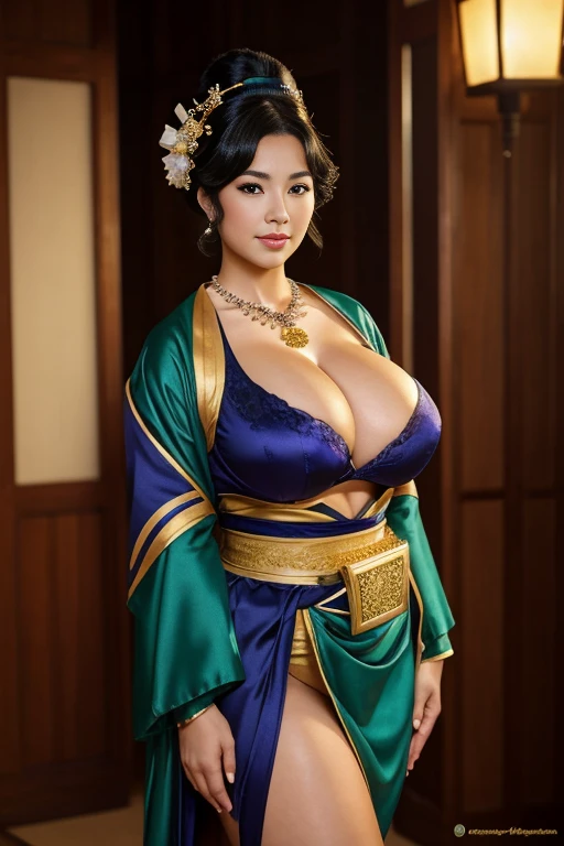 GEISHA ,CHUBBY, BBW, photo vintage, visage feminin parfait, BLACKHAIR , tache de rousseur, 1788, big huge TITS, ( breasts SIZE : 68H, )FRONT VIEW, Rembrandt LIGHT , EXTREME LONG V-NECK, BIG CLEAVAGE, BEAUTIFUL EYES, BEAUTIFUL HANDS, LIGHT SMILES, PERFECT FACE, tres long décolleté , NECKLACE, RING, JEWELERY RICH, SFW, FULL BODY, VERY COLORFUL, SEXY ROYAL LINGERIE, ENORMOUS BREAST, AROUSED, DETAILLED FACE, PERFECT BODY, green GOLD COSTUME,