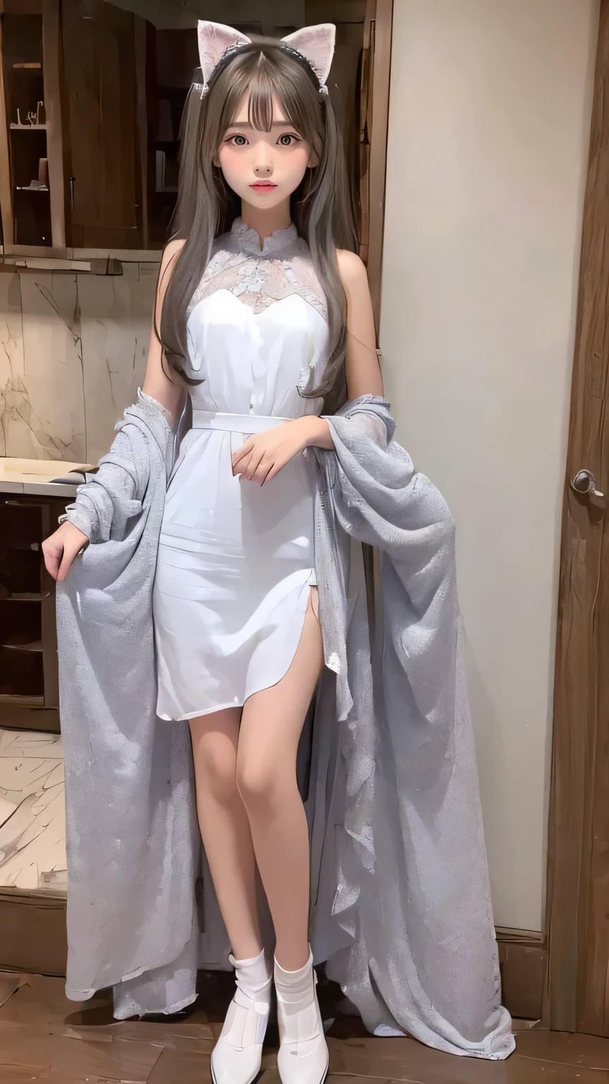 (girl Full body :1.7)(detailed:1.4),(Beautiful 14 year old girl:1.6),(Panoramic View:1.2,full bodyesbian:1.2) Anatomically correct, Silky silver-gray hair, Side Hair, Cat's hairy tail, Maximum clarity and sharpness ,Red eyes, (beautiful and detaileded eye:1.3) Gorgeous Hair Jewelry, A masterpiece of cat-shaped headwear, Cat white cloth (Furry Personification:1.7) ((body, Characteristics of girls, Features of the furry lower body animal ), White Pantyhose, furry feet body animal, High resolution、high resolution、8k、Raw photo、highest quality、masterpiece、Tabletop、(The best quality at its best,High detail,masterpiece,Official Art,Cinematic lighting effects,4K )