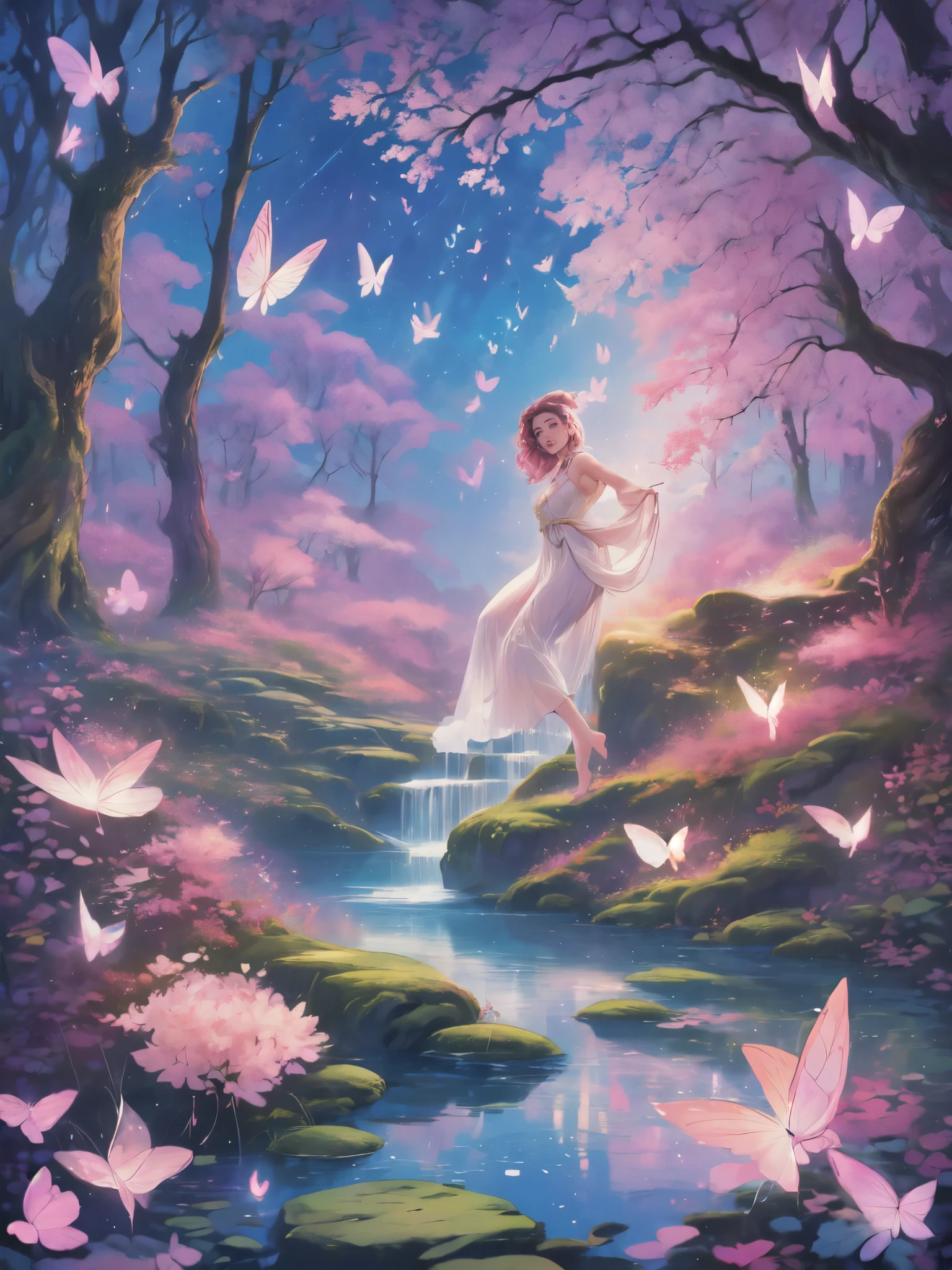 ((best quality)), ((masterpiece)), (detailed), ethereal beauty, perched on a pink blossom tree, (fantasy illustration:1.3), enchanting gaze, captivating pose, solo girl, delicate butterfly wings, otherworldly charm, mystical sky, (Luis Royo:1.2), (Yoshitaka Amano:1.1), moonlit night, soft colors, (detailed cloudscape:1.3), (high-resolution:1.2) (dragon flying in the sky) long white dress, legs dangling above pond, long victorian dress,