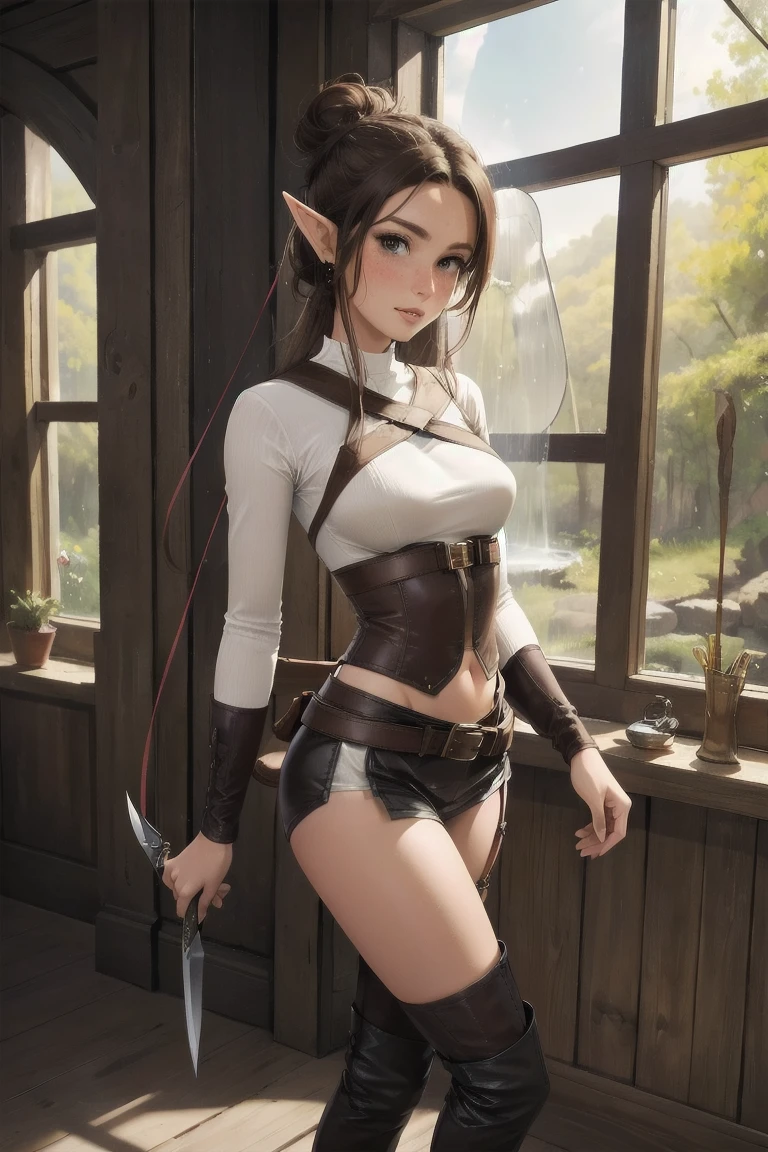 Masterpieces, best quality, perfect, wood, indoors, forest, elf, sfw,26 years old, mature woman, leather, small ears, blushing, freckles, facing viewer, brown hair, full body, archer, long torso, mouth open, glossy lips, large waist, thick thighs, Standing up in cabin , facing viewer, thigh high socks, hourglass shape, slim waist, thigh gap, cleavege, adult woman, cleavege window, large breasts, beautiful background, perfect landscape, the most peacefull place you've ever been, a welcoming woman, lush pastures, leg strap, leg holster, belt, hunger games, holding wooden bow, holding fancy elf bow, milf, thigh boots held up by leather waist strap, cleavege cutout, Beautiful waterfall visibal through window, holding throwing knifes, hair tied up in messy bun, sharp eyes