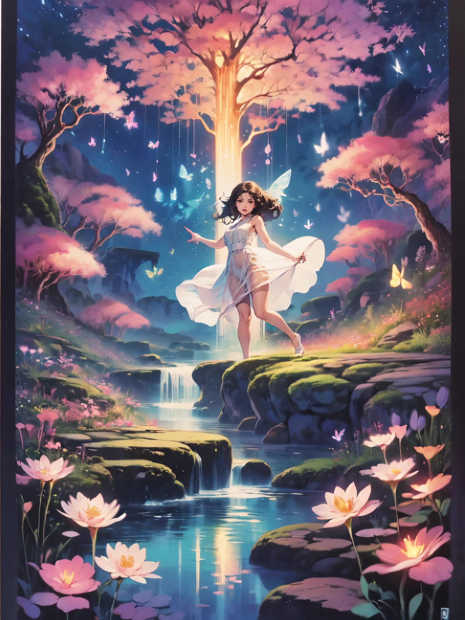 ((best quality)), ((masterpiece)), (detailed), ethereal beauty, perched on a pink blossom tree, (fantasy illustration:1.3), enchanting gaze, captivating pose, solo girl, delicate butterfly wings, otherworldly charm, mystical sky, (Luis Royo:1.2), (Yoshitaka Amano:1.1), moonlit night, soft colors, (detailed cloudscape:1.3), (high-resolution:1.2) (dragon flying in the sky) long white dress, legs dangling above pond, long victorian dress,