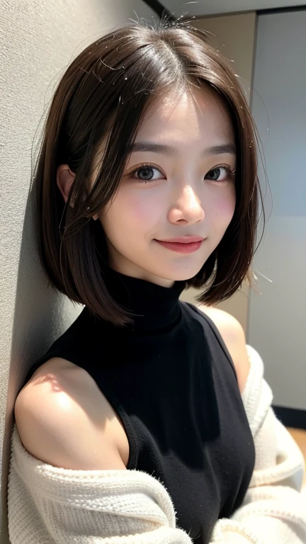 (((Close-up of face)))、(((Absolutely shoulder-length brown straight short bob)))、(((She is posing like a hair salon model, with a black wall indoors as the background.)))、(((Casual black winter long sleeves with shoulders covered)))、Half Japanese, half Korean、18 year old girl、Standing Alone、Looking forward、Light eye makeup、Brown Hair Color、Flat and 、Hair blowing in the wind、Actress Quality、Glossy, ultra-realistic face、Smiling face、Watery eyes、Gazing Up、Subtle lighting effects、 Ultra-Realistic Capture、Very detailed、High resolution 16K close up of human skin。Skin texture must be natural、The details must be such that pores can be clearly seen、The skin is healthy、Uniform tone、Use natural light and colors、A worn-out, high-quality photo taken by a model agency's in-house photographer.、smile、(((SIGMA 300 mm F/1.4,1/1000 sec shutter,ISO 400)))