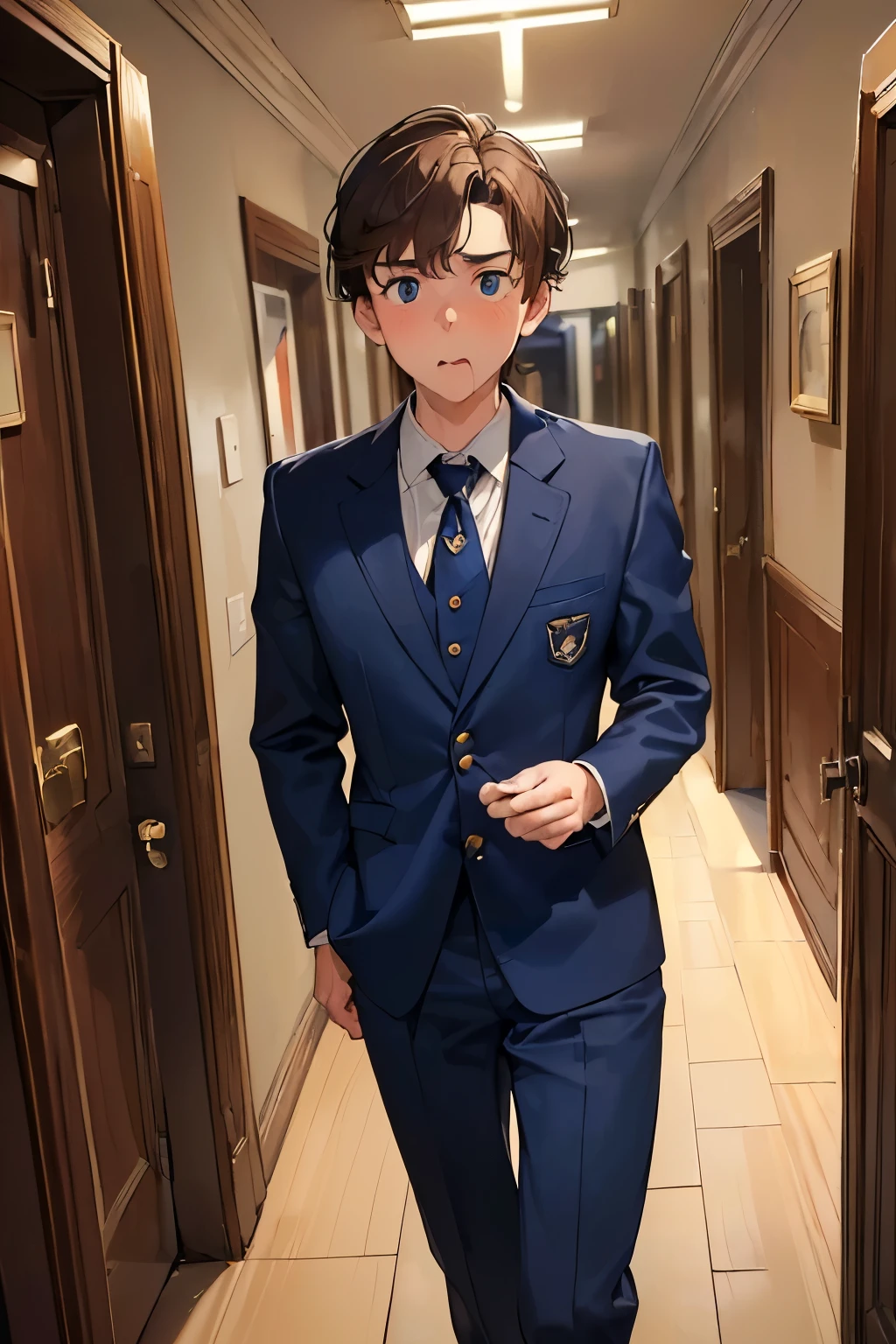 ((best quality)), ((masterpiece)), ((detailed)), (((perfect face))), (((18yo  boy in navy blue suits))), (((brown hair))), (((nervous))), (((big, wide eyes))), (((interior school corridor))), (((looking at viewer))), (((surprised:1.4))), (((mouth closed)))