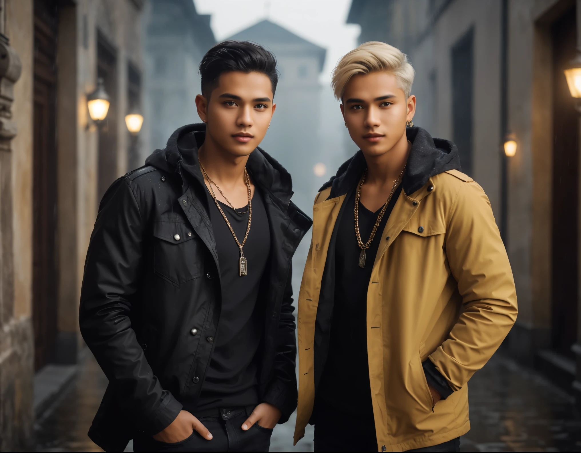 Professional photography, masterpiece, full body, two handsome Indonesian men, confident, charming, thin smiles, trendy short blonde hair, wearing parka jacket cosplayer assassin,with some necklace, they brown skin, long black ripped jeans at the knee, attractive poses, set on top of an old Italian building, dramatic lighting, lens flare, glitter effect, resembling photo Sony 7000D, ultra realistic, high definition with added elements of rain or fog