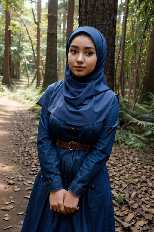 Wear Marron hijab, Zahra Ayu 21 years old 160cm 55kg, marron dress, Big breast. Blue jeans. Bright face. In the forest. Wearing modest yet snug attire.