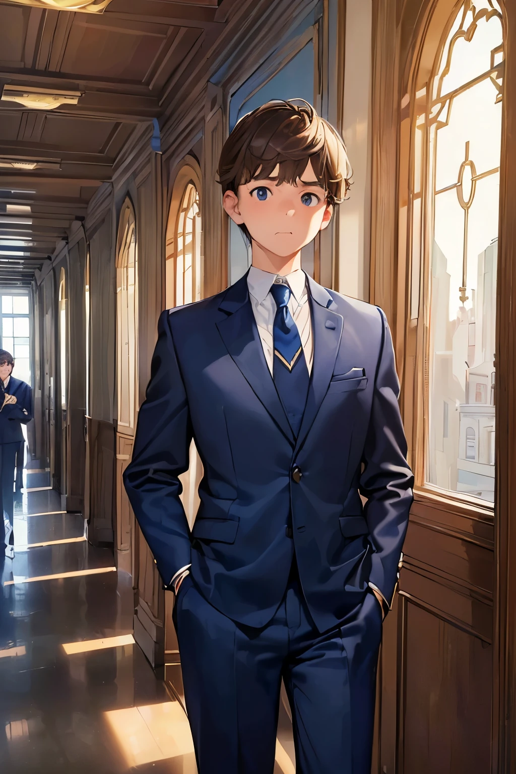 ((best quality)), ((masterpiece)), ((detailed)), (((perfect face))), (((18yo boy in navy blue suits))), (((brown hair))), (((nervous))), (((big, wide eyes))), (((interior school corridor))), (((looking at viewer))), (((surprised:1.4))), (((mouth closed)))