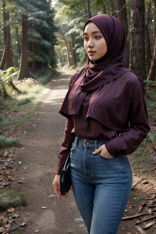 Wear Marron hijab, Zahra Ayu 21 years old 160cm 55kg, marron dress, Big breast. Blue jeans. Bright face. In the forest. Wearing modest yet snug attire.