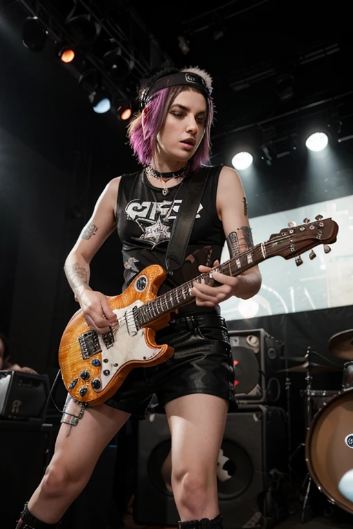 lead singer of a Jewish punk rock band with an electric guitar on stage,  background stage with large sound speakers and drum kit, photorealism, High detail.