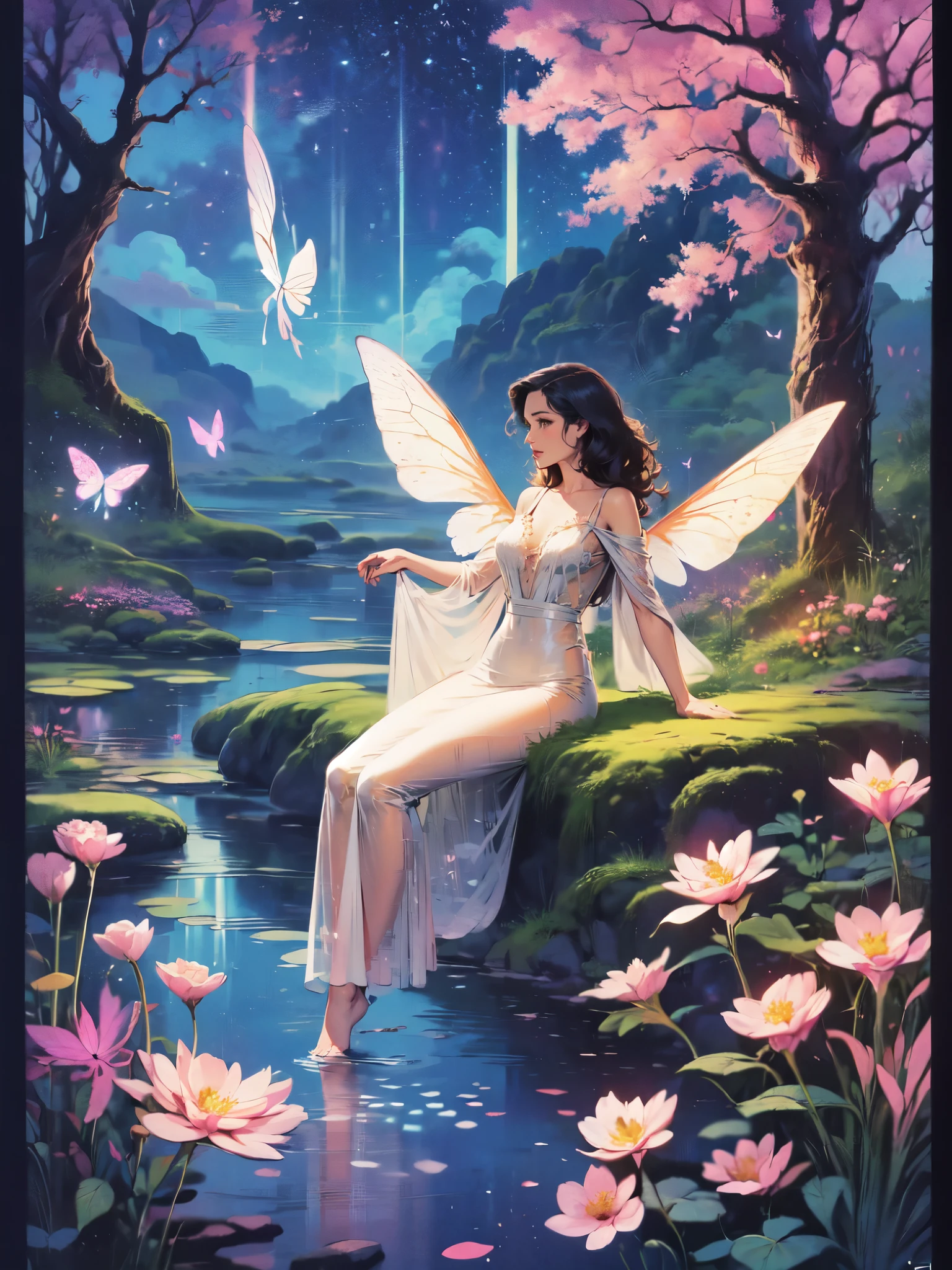 ((best quality)), ((masterpiece)), (detailed), ethereal beauty, perched on a pink blossom tree, (fantasy illustration:1.3), enchanting gaze, captivating pose, solo girl, delicate butterfly wings, otherworldly charm, mystical sky, (Luis Royo:1.2), (Yoshitaka Amano:1.1), moonlit night, soft colors, (detailed cloudscape:1.3), (high-resolution:1.2) (dragon flying in the sky) long white dress, legs dangling above pond, long victorian dress,