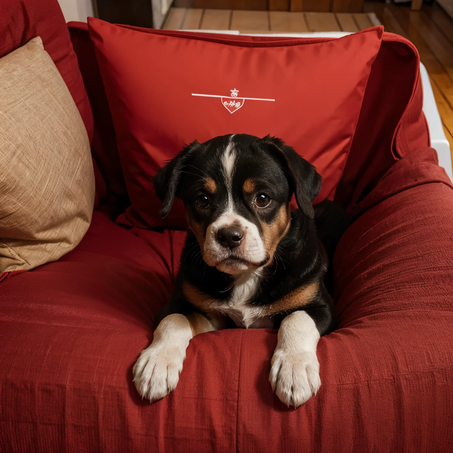 Um cachorro com uma capa vermelha