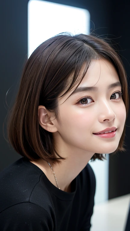 (((Close-up of face)))、(((Absolutely shoulder-length brown straight short bob)))、(((She is posing like a hair salon model, with a black wall indoors as the background.)))、(((Casual black winter long sleeves with shoulders covered)))、Half Japanese, half Korean、18 year old girl、Standing Alone、Looking forward、Light eye makeup、Brown Hair Color、Flat and 、Hair blowing in the wind、Actress Quality、Glossy, ultra-realistic face、Smiling face、Watery eyes、Gazing Up、Subtle lighting effects、 Ultra-Realistic Capture、Very detailed、High resolution 16K close up of human skin。Skin texture must be natural、The details must be such that pores can be clearly seen、The skin is healthy、Uniform tone、Use natural light and colors、A worn-out, high-quality photo taken by a model agency's in-house photographer.、smile、(((SIGMA 300 mm F/1.4,1/1000 sec shutter,ISO 400)))