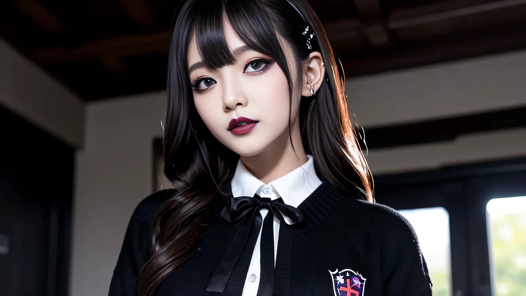 best quality、ultra-detailed、4k、Japanese、Seductive beauty、seductive adult woman、Pretty Woman、cool girl、Villainess、Brainwashed、brainwash、Fallen into evil、smirk、Evil look、Wicked Smile、evil、Brown hair、wavy hair、swept bangs、dark makeup、dark makeup、piercing eyes、hollow eyes,half-closed eyes、Hollow Eyes、purple Eyeshadow、black lipstick、black lipglos、student、uniform、Black cardigan、White Shirt、Black Ribbon、flare skirt、pantyhose、night、inside darkroom、Applying lipstick、Emblem of Evil、Crest of Darkness、Swear allegiance、I have pledged my allegiance、Dye black、Blackening、Stained with evil、Dyed in darkness、Seduce