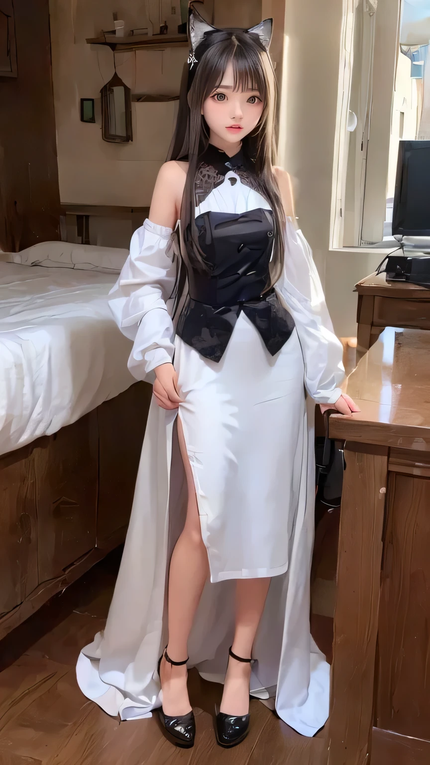 (girl Full body :1.7)（detailed：1.4），(Beautiful 14 year old girl:1.6),（Panoramic View：1.2，full bodyesbian：1.2） Anatomically correct, Silky silver-gray hair, Side Hair, Cat&#39;s hairy tail, Maximum clarity and sharpness ,Red eyes, (beautiful and detaileded eye:1.3) Gorgeous Hair Jewelry, A masterpiece of cat-shaped headwear, Cat white cloth (Furry Personification:1.7) ((body, Characteristics of girls, Features of the furry lower body animal ), White Pantyhose, furry feet body animal, High resolution、high resolution、8k、Raw photo、highest quality、masterpiece、Tabletop、（The best quality at its best，High detail，masterpiece，Official Art，Cinematic lighting effects，4K )

