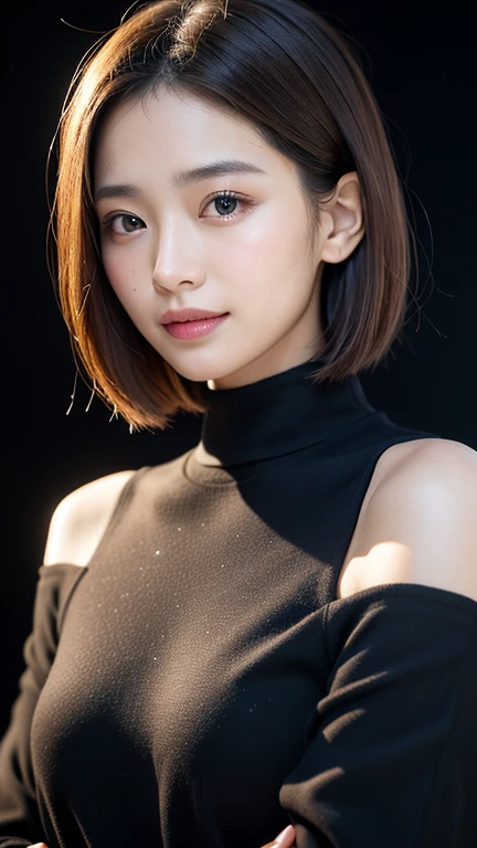 (((Close-up of face)))、(((Absolutely shoulder-length brown straight short bob)))、(((She is posing like a hair salon model, with a black wall indoors as the background.)))、(((Casual black winter long sleeves with shoulders covered)))、Half Japanese, half Korean、18 year old girl、Standing Alone、Looking forward、Light eye makeup、Brown Hair Color、Flat and 、Hair blowing in the wind、Actress Quality、Glossy, ultra-realistic face、Smiling face、Watery eyes、Gazing Up、Subtle lighting effects、 Ultra-Realistic Capture、Very detailed、High resolution 16K close up of human skin。Skin texture must be natural、The details must be such that pores can be clearly seen、The skin is healthy、Uniform tone、Use natural light and colors、A worn-out, high-quality photo taken by a model agency&#39;s in-house photographer.、smile、(((SIGMA 300 mm F/1.4,1/1000 sec shutter,ISO 400))) 