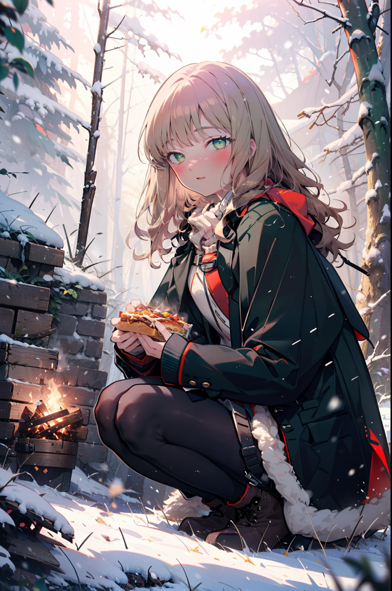 minami yume ,sss Dynazenon ,Long Hair, Brown Hair, (Green Eyes:1.5) ,Medium Chest,hair band,smile,blush,White Breath,
Open your mouth,snow,Ground bonfire, Outdoor, boots, snowing, From the side, wood, suitcase, Cape, Blurred, having meal, forest, White handbag, nature,  Squat, Mouth closed, Cape, winter, Written boundary depth, Black shoes, red Cape break looking at viewer, Upper Body, whole body, break Outdoor, forest, nature, break (masterpiece:1.2), highest quality, High resolution, unity 8k wallpaper, (shape:0.8), (Beautiful and beautiful eyes:1.6), Highly detailed face, Perfect lighting, Extremely detailed CG, (Perfect hands, Perfect Anatomy),