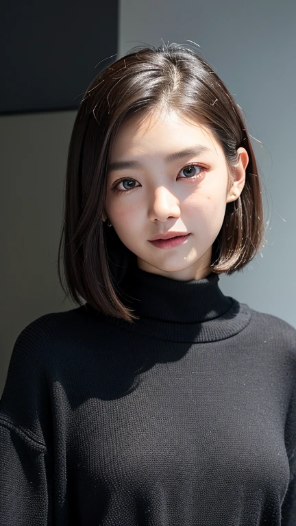 (((Close-up of face)))、(((Absolutely shoulder-length brown straight short bob)))、(((She is posing like a hair salon model, with a black wall indoors as the background.)))、(((Casual black winter long sleeves with shoulders covered)))、Half Japanese, half Korean、18 year old girl、Standing Alone、Looking forward、Light eye makeup、Brown Hair Color、Flat and 、Hair blowing in the wind、Actress Quality、Glossy, ultra-realistic face、Smiling face、Watery eyes、Gazing Up、Subtle lighting effects、 Ultra-Realistic Capture、Very detailed、High resolution 16K close up of human skin。Skin texture must be natural、The details must be such that pores can be clearly seen、The skin is healthy、Uniform tone、Use natural light and colors、A worn-out, high-quality photo taken by a model agency's in-house photographer.、smile、(((SIGMA 300 mm F/1.4,1/1000 sec shutter,ISO 400)))