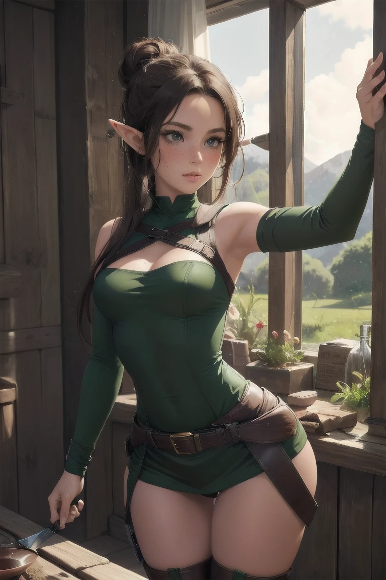 Masterpieces, best quality, perfect, wood, indoors, forest, elf, sfw,26 years old, mature woman, leather, small ears, blushing, freckles, facing viewer, brown hair, full body, archer, long torso, mouth open, glossy lips, large waist, thick thighs, Standing up in cabin , facing viewer, thigh high socks, hourglass shape, slim waist, thigh gap, cleavege, adult woman, cleavege window, large breasts, beautiful background, perfect landscape, the most peacefull place you've ever been, a welcoming woman, lush pastures, leg strap, leg holster, belt, hunger games, holding wooden bow, holding fancy elf bow, milf, thigh boots held up by leather waist strap, cleavege cutout, Beautiful waterfall visibal through window, holding throwing knifes, hair tied up in messy bun, sharp eyes, seriously look, knife close to face
